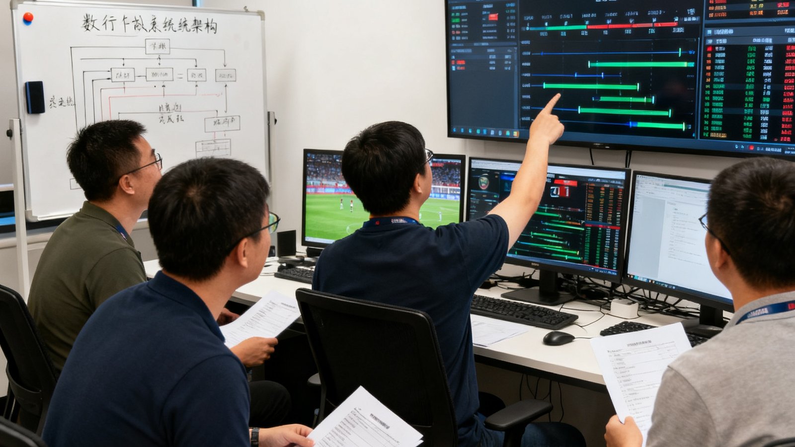 风行体育创始团队在数据作战室内讨论实时比分系统架构与赛事数据流